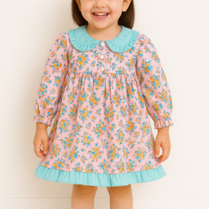 Pink Floral Baby Frock with Aqua Details