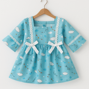 Sky Blue Baby Girl Party Frock with Cloud & Balloon Print